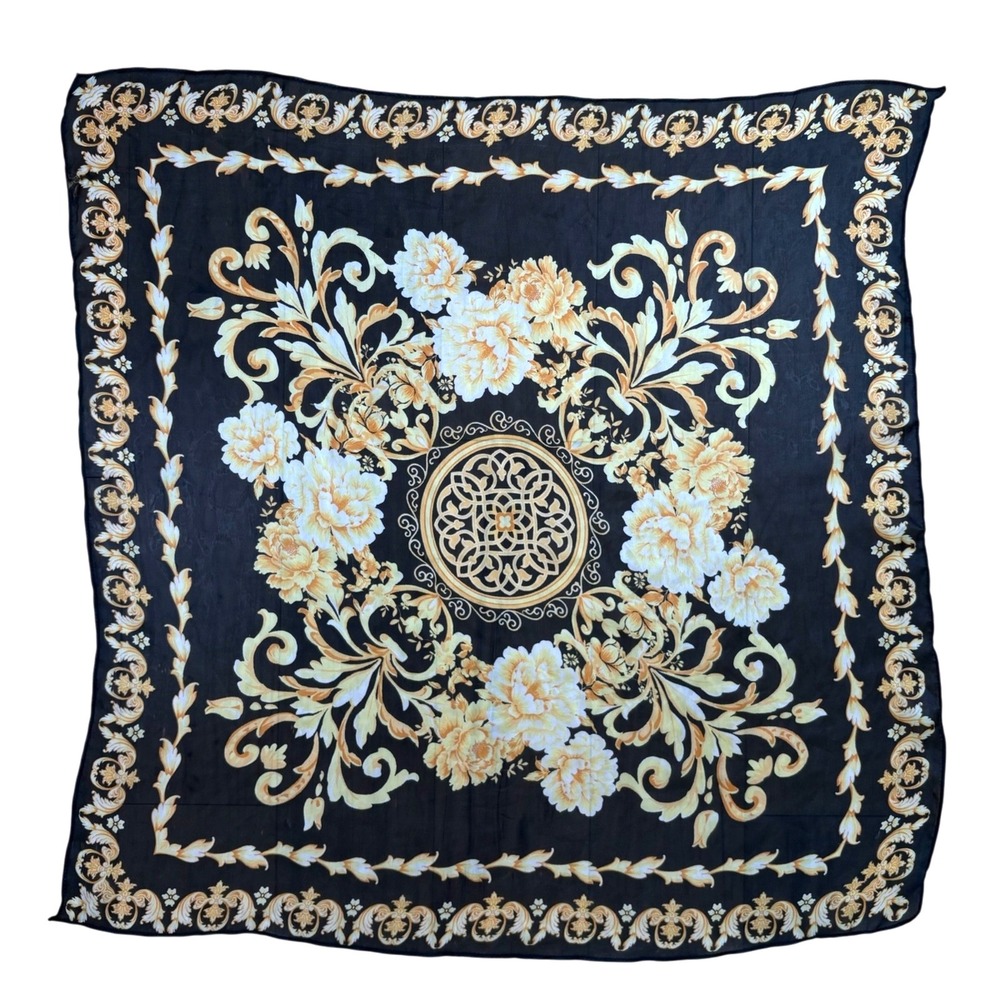 Baroque Floral Scarf Black‎ Gold Cream Ornate Square Vintage Style 27x27 Scroll